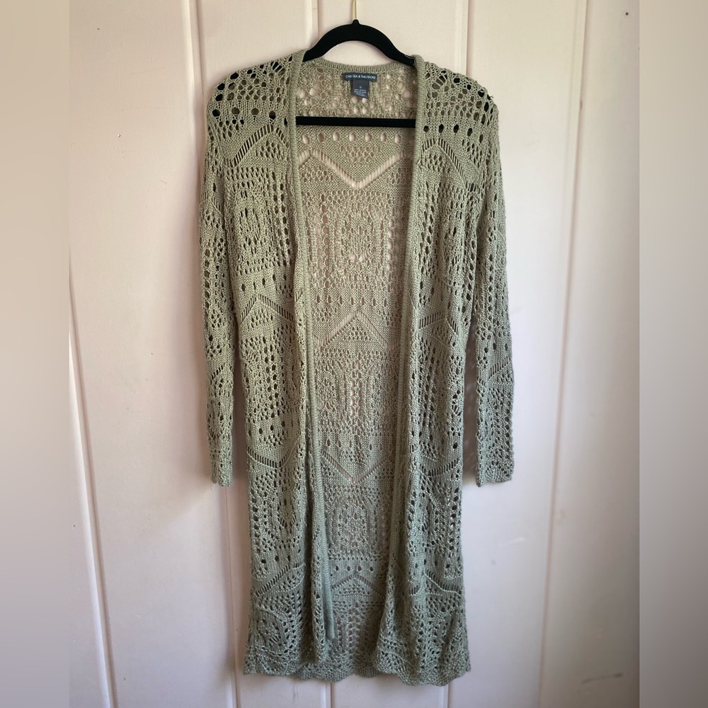 Chelsea & Theodore Open Knit Long Cardigan Sweater in mocha sz Small